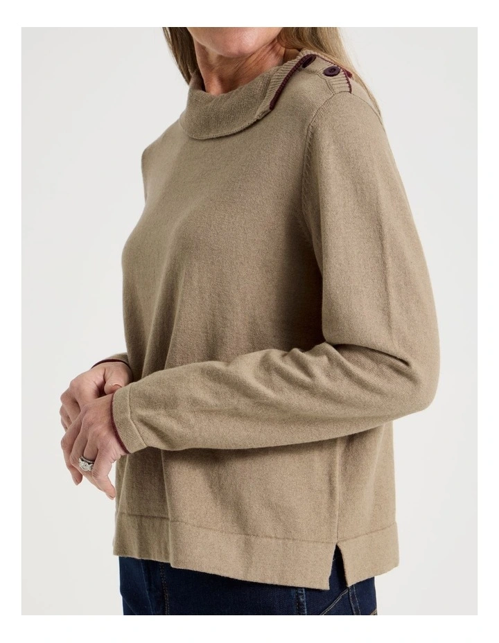 Button Shoulder Long Sleeve Jumper With Fold Neck in Camel image 3
