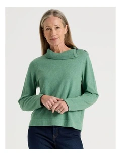 Button Shoulder Long Sleeve Jumper With Fold Neck in Green Marble