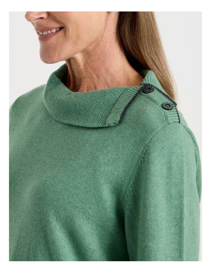 Button Shoulder Long Sleeve Jumper With Fold Neck in Green Marble image 4
