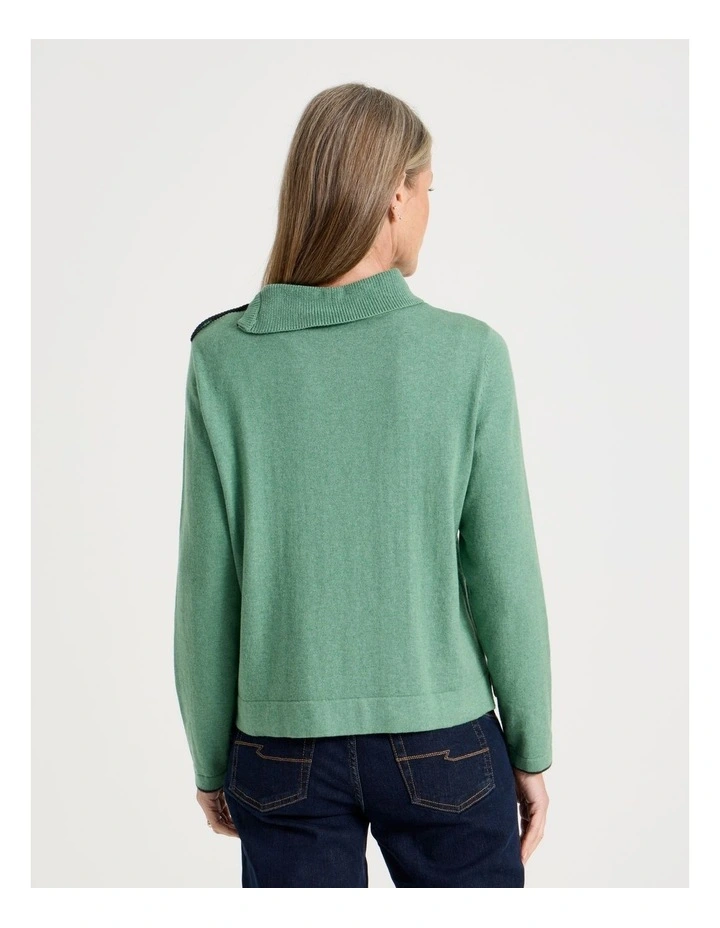 Button Shoulder Long Sleeve Jumper With Fold Neck in Green Marble image 5
