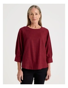 Elbow Length Pleat Sleeve Spliced Top in Burgundy