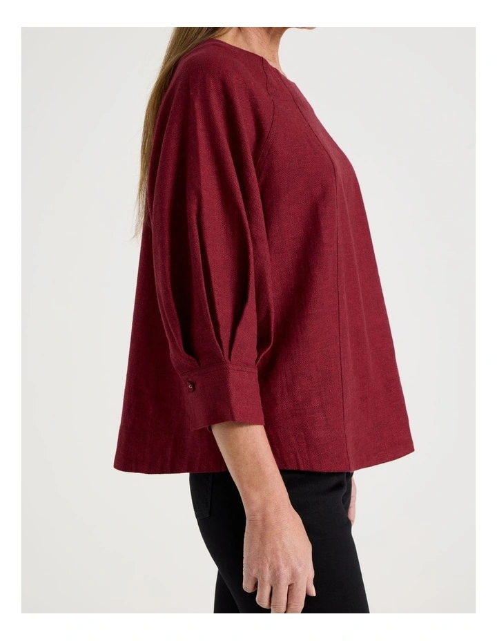 Elbow Length Pleat Sleeve Spliced Top in Burgundy image 2