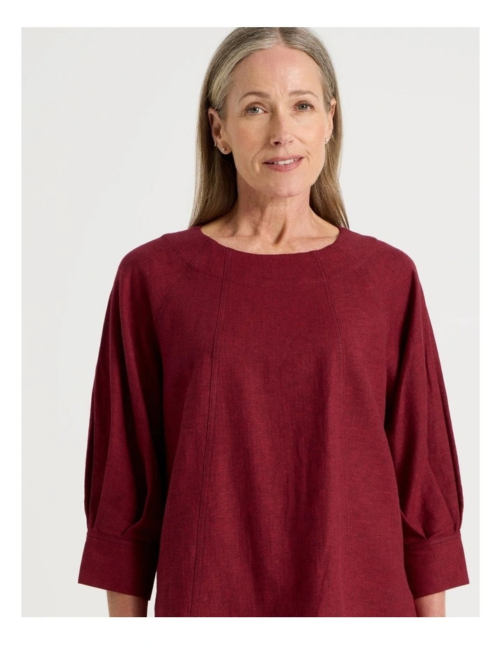 Elbow Length Pleat Sleeve Spliced Top in Burgundy image 3