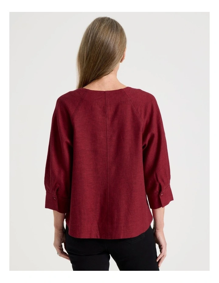 Elbow Length Pleat Sleeve Spliced Top in Burgundy image 4