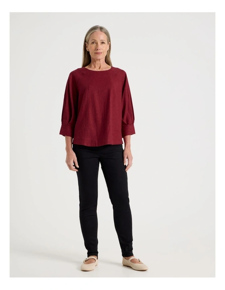 Elbow Length Pleat Sleeve Spliced Top in Burgundy image 5