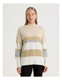 Wide Stripe Long Sleeve Turtle Neck Jumper in Stone Stripe