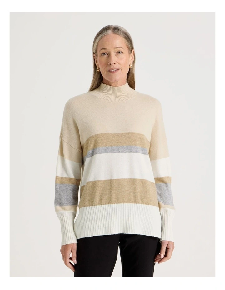 Wide Stripe Long Sleeve Turtle Neck Jumper in Stone Stripe image 1