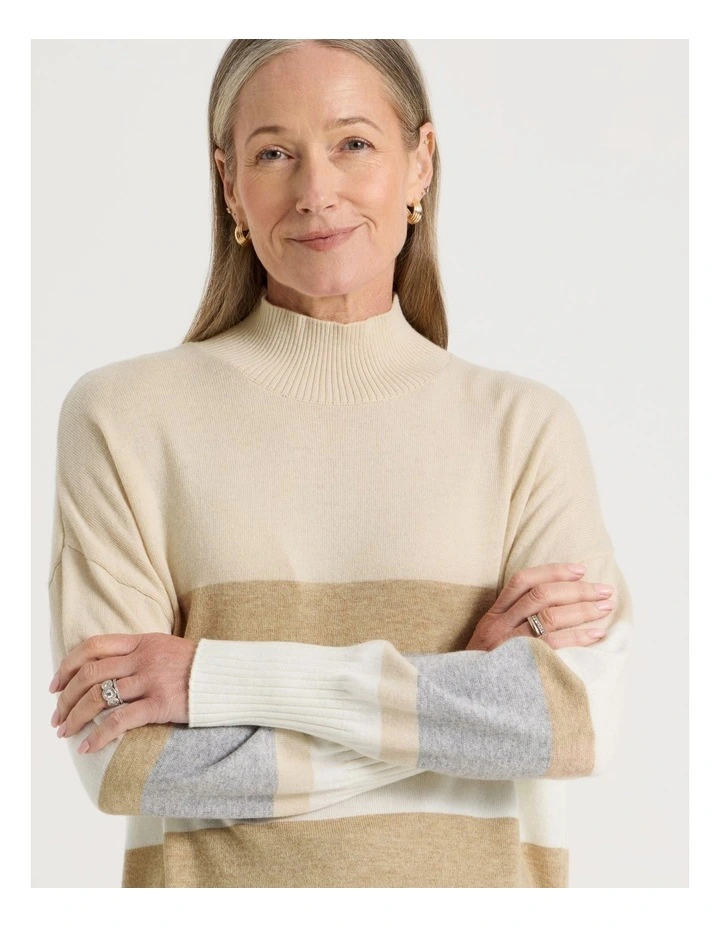 Wide Stripe Long Sleeve Turtle Neck Jumper in Stone Stripe image 2