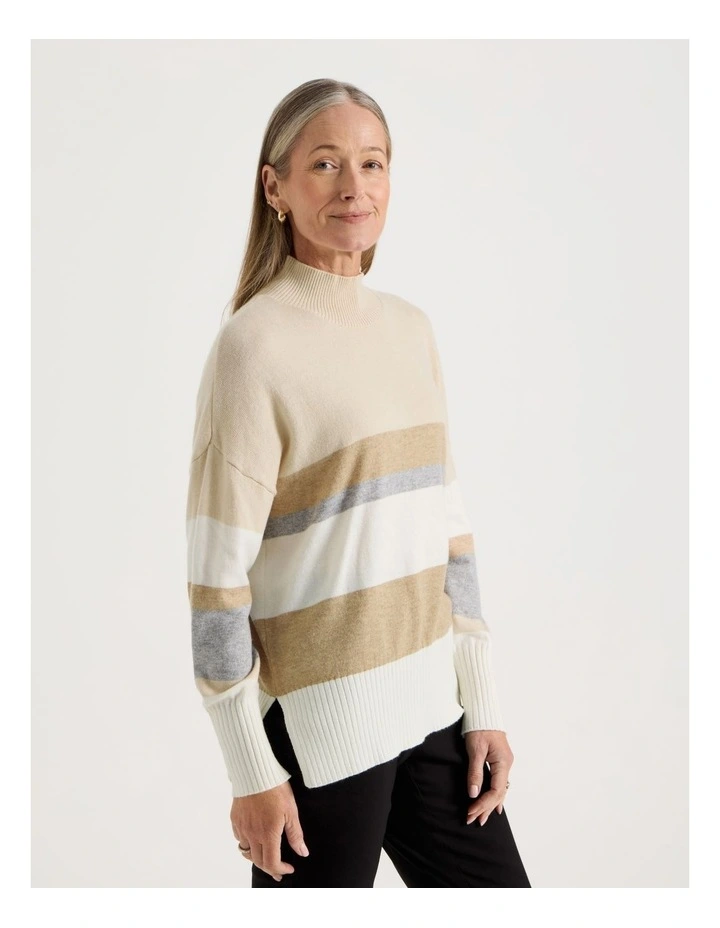 Wide Stripe Long Sleeve Turtle Neck Jumper in Stone Stripe image 4
