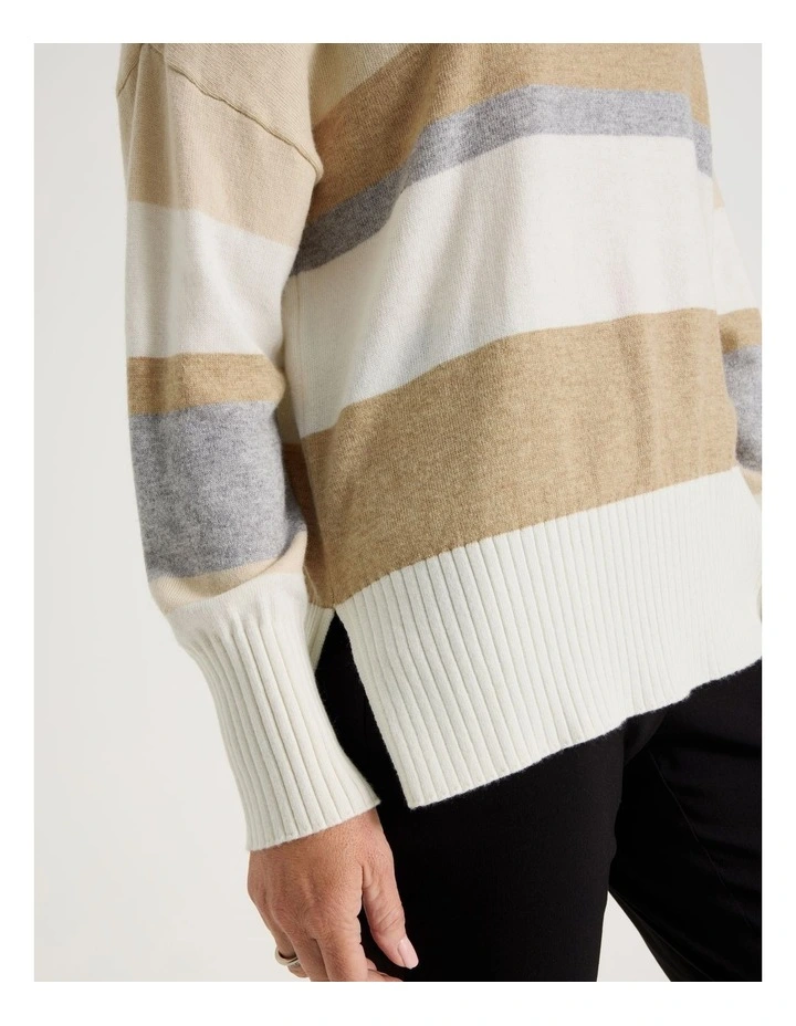 Wide Stripe Long Sleeve Turtle Neck Jumper in Stone Stripe image 5