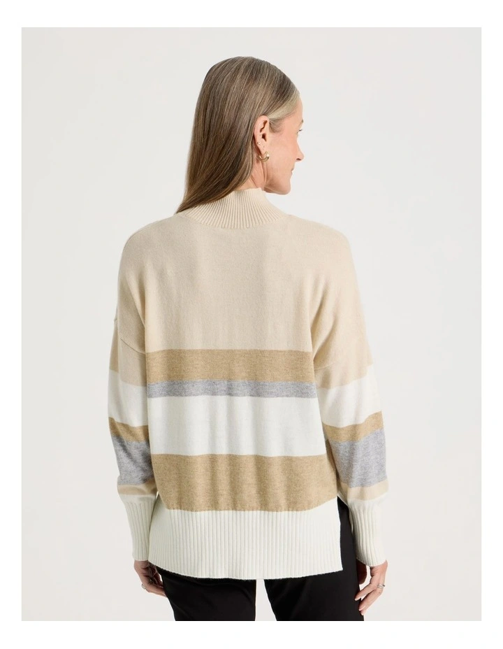 Wide Stripe Long Sleeve Turtle Neck Jumper in Stone Stripe image 6
