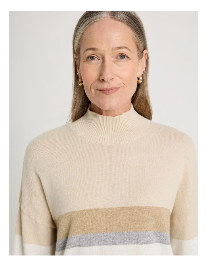 Wide Stripe Long Sleeve Turtle Neck Jumper in Stone Stripe image 7