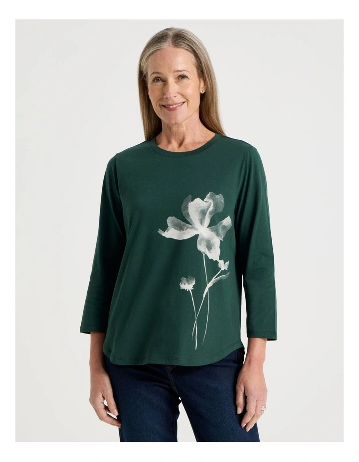 3/4 Sleeve Wardrobe Staple Tee in Forest Placement Print Floral image 3
