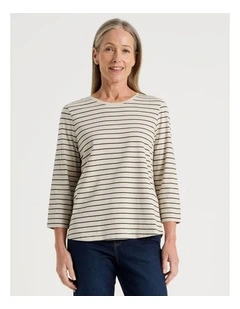 3/4 Sleeve Wardrobe Staple Tee in Neutral/Black Stripe