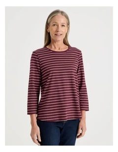 3/4 Sleeve Wardrobe Staple Tee in Burgundy Stripe