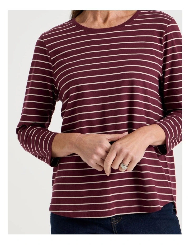 3/4 Sleeve Wardrobe Staple Tee in Burgundy Stripe image 2