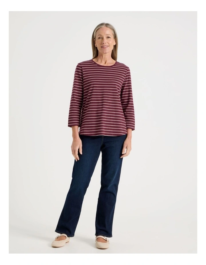 3/4 Sleeve Wardrobe Staple Tee in Burgundy Stripe image 3