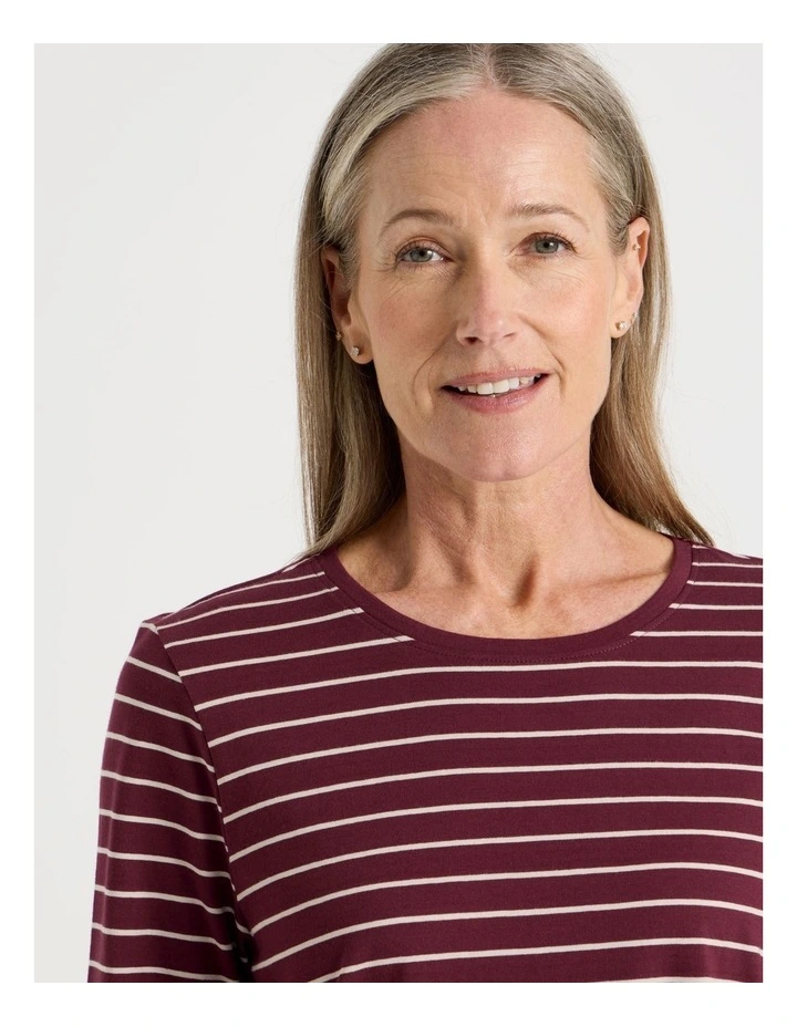 3/4 Sleeve Wardrobe Staple Tee in Burgundy Stripe image 4