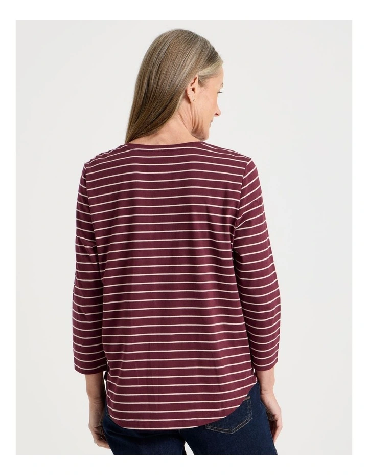 3/4 Sleeve Wardrobe Staple Tee in Burgundy Stripe image 5