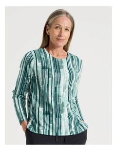 Long Sleeve Soft Touch Tee With Crew Neck in Greens Vertical Coastal Stripe