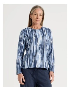 Long Sleeve Soft Touch Tee With Crew Neck in Blues Vertical Coastal Stripe