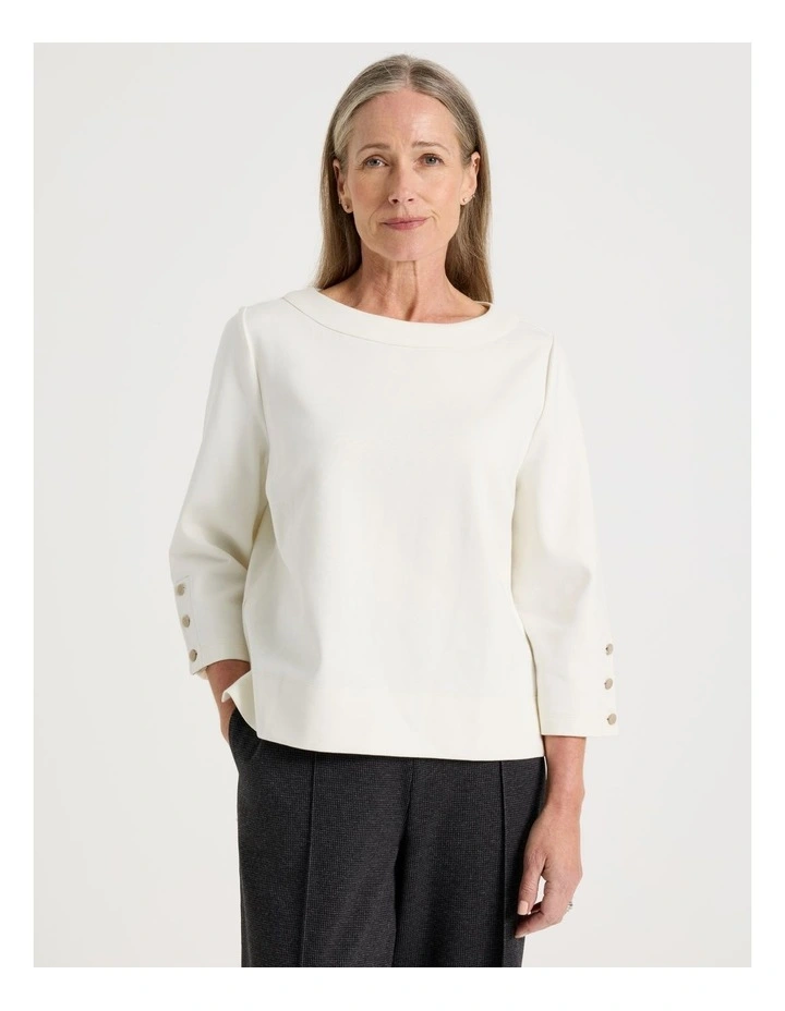 Funnel Neck 3/4 Sleeve Tee With Contrast Piping And Buttons in Ivory image 1