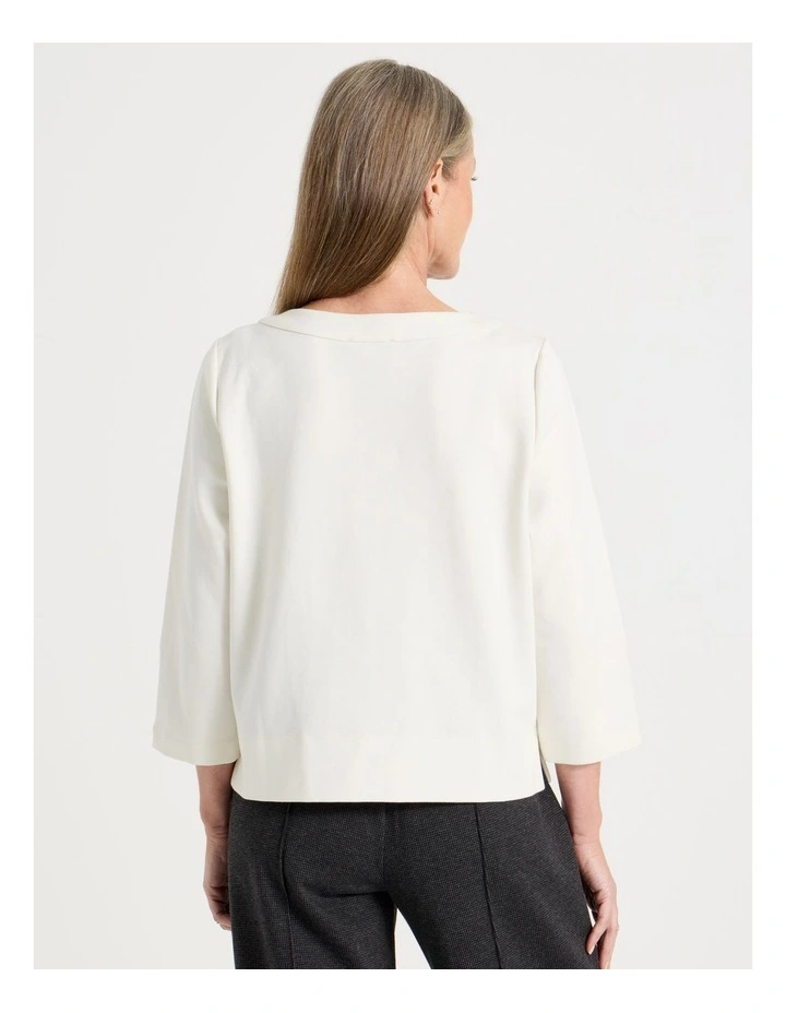 Funnel Neck 3/4 Sleeve Tee With Contrast Piping And Buttons in Ivory image 4