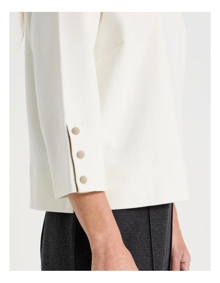 Funnel Neck 3/4 Sleeve Tee With Contrast Piping And Buttons in Ivory image 5