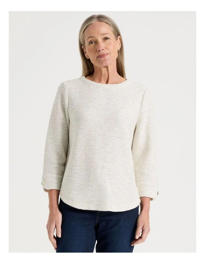 /4 Sleeve Textured Tee With Button Neck in Ivory Speckle image 1