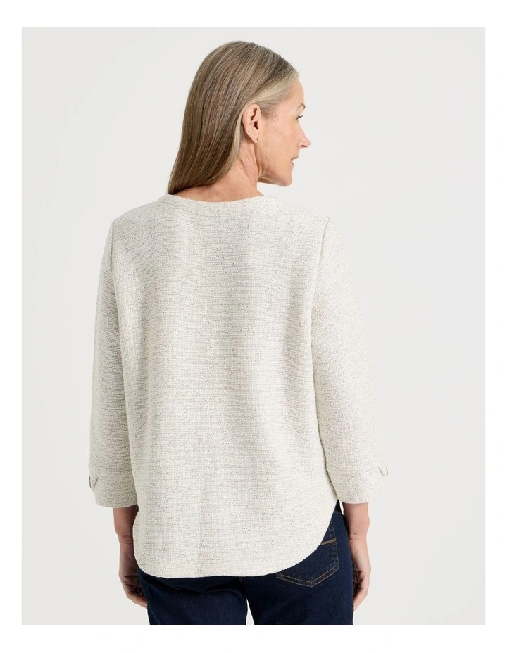 /4 Sleeve Textured Tee With Button Neck in Ivory Speckle image 4