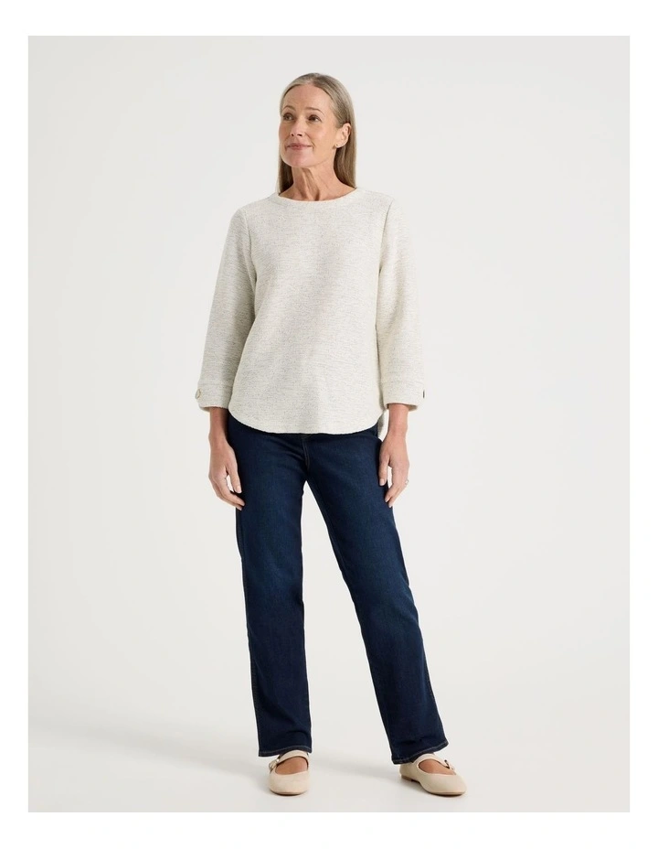 /4 Sleeve Textured Tee With Button Neck in Ivory Speckle image 5