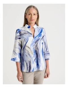 Notch Neck 3/4 Sleeve Top With Statement Cuff in Blue Ocean Print