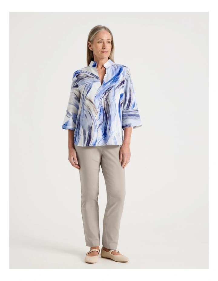 Notch Neck 3/4 Sleeve Top With Statement Cuff in Blue Ocean Print image 2