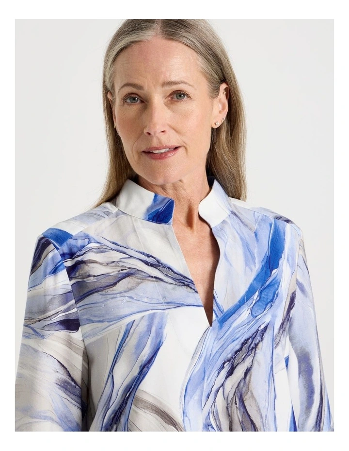 Notch Neck 3/4 Sleeve Top With Statement Cuff in Blue Ocean Print image 3