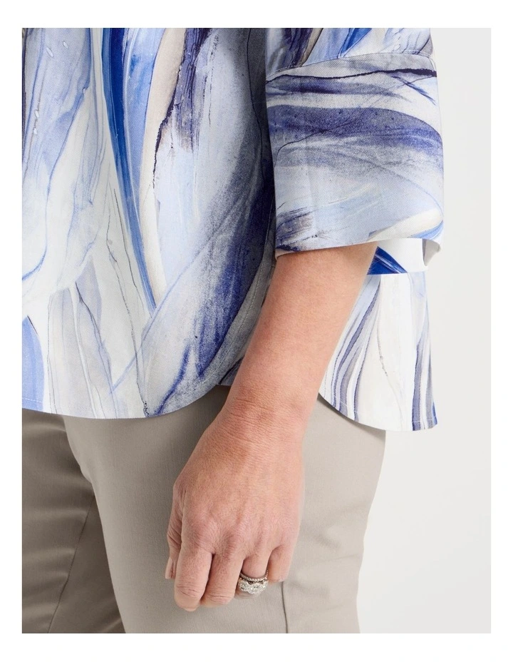 Notch Neck 3/4 Sleeve Top With Statement Cuff in Blue Ocean Print image 4