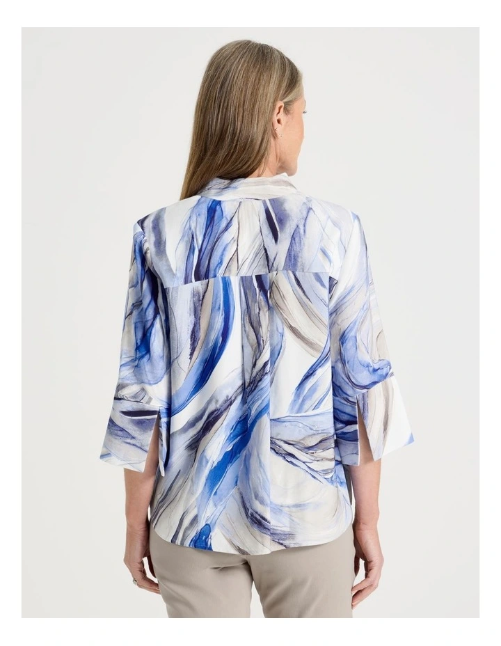 Notch Neck 3/4 Sleeve Top With Statement Cuff in Blue Ocean Print image 5