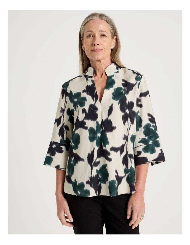 Notch Neck 3/4 Sleeve Top With Statement Cuff in Forest Print image 1