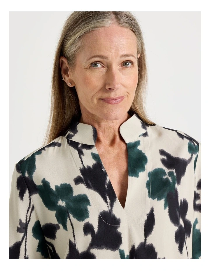 Notch Neck 3/4 Sleeve Top With Statement Cuff in Forest Print image 2