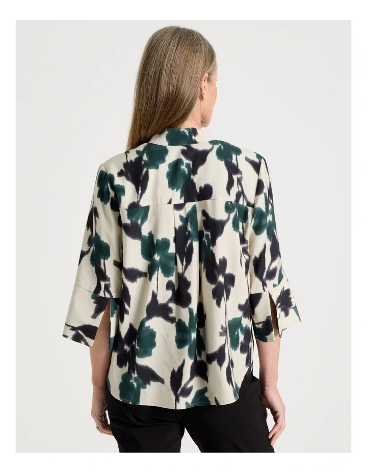 Notch Neck 3/4 Sleeve Top With Statement Cuff in Forest Print image 5