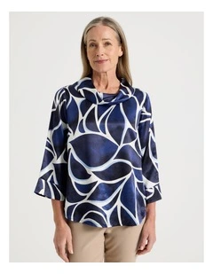 3/4 Sleeve Cowl Neck Top With Curved Hem in Blues Shell Print