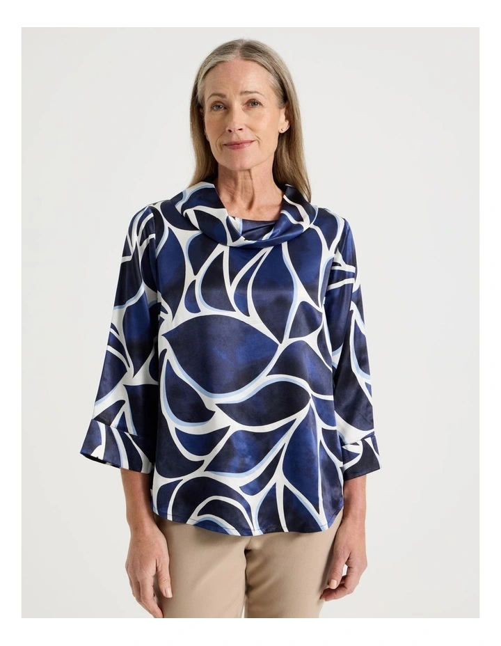3/4 Sleeve Cowl Neck Top With Curved Hem in Blues Shell Print image 1