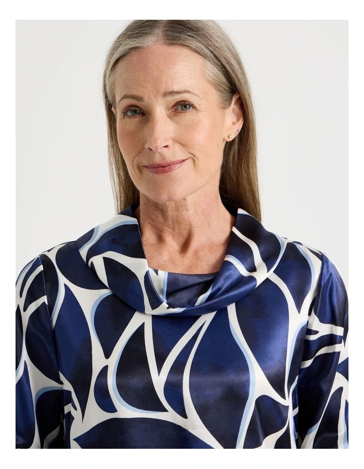 3/4 Sleeve Cowl Neck Top With Curved Hem in Blues Shell Print image 5