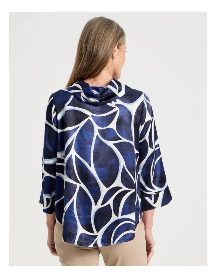 3/4 Sleeve Cowl Neck Top With Curved Hem in Blues Shell Print image 6