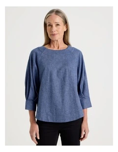 Elbow Length Pleat Sleeve Spliced Top in Blues