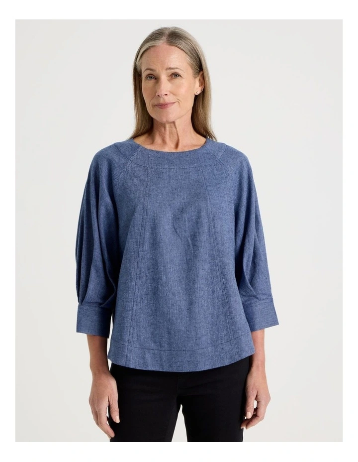 Elbow Length Pleat Sleeve Spliced Top in Blues image 1