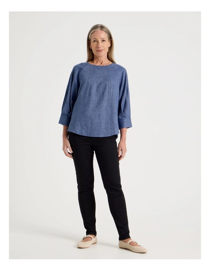 Elbow Length Pleat Sleeve Spliced Top in Blues image 2