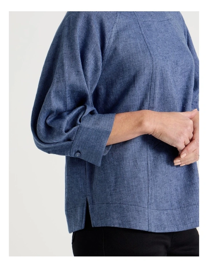 Elbow Length Pleat Sleeve Spliced Top in Blues image 3