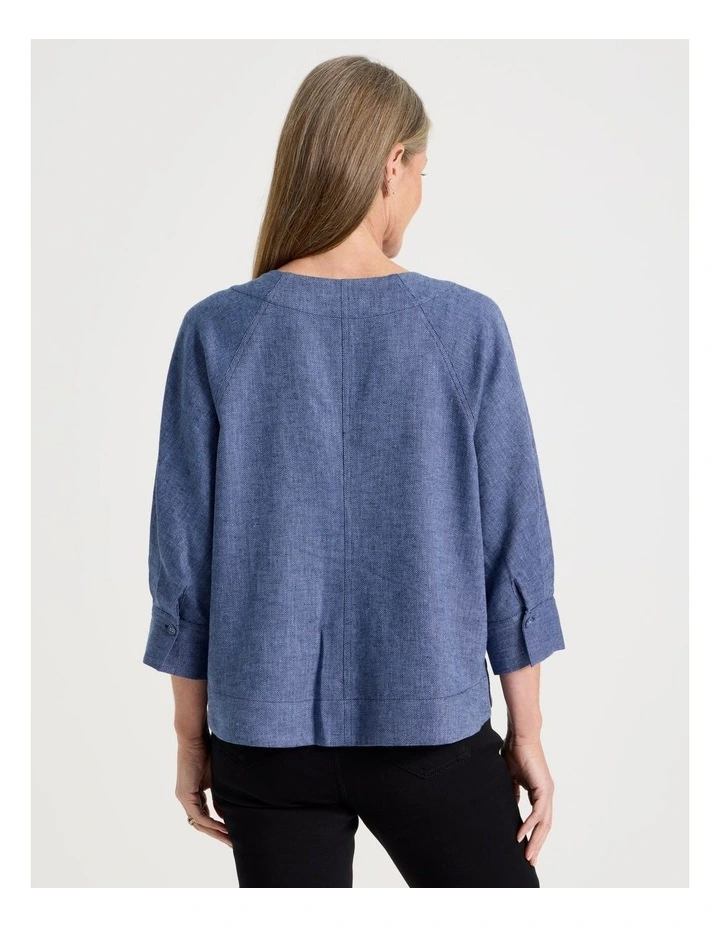Elbow Length Pleat Sleeve Spliced Top in Blues image 5