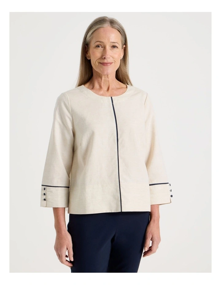 Spliced 3/4 Sleeve Top With Contrast Piping in Oatmeal image 1