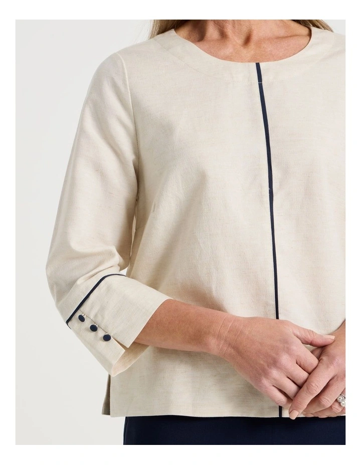 Spliced 3/4 Sleeve Top With Contrast Piping in Oatmeal image 2